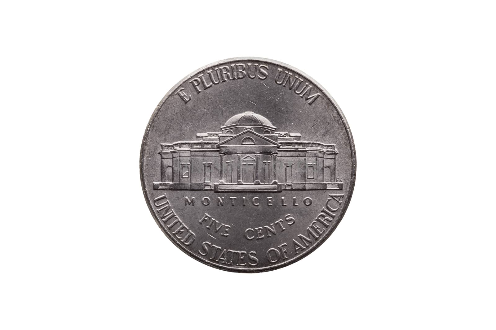 USA half dime nickel coin (25 cents) reverse showing Monticello cut out and isolated on a white background