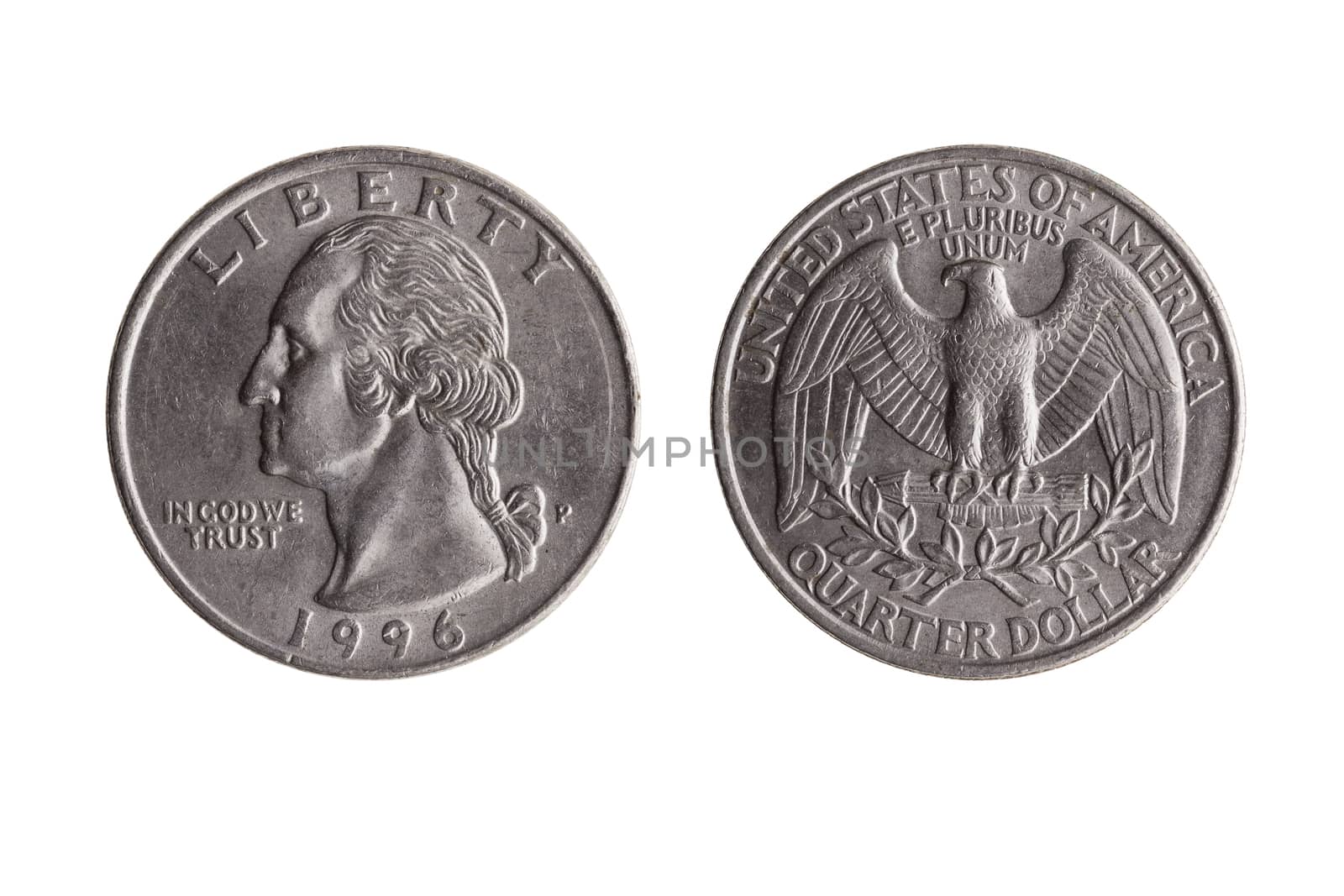 USA quarter dollar nickel coin (25 cents) with a portrait image of George Washington obverse and Bald Eagle reverse cut out and isolated on a white background