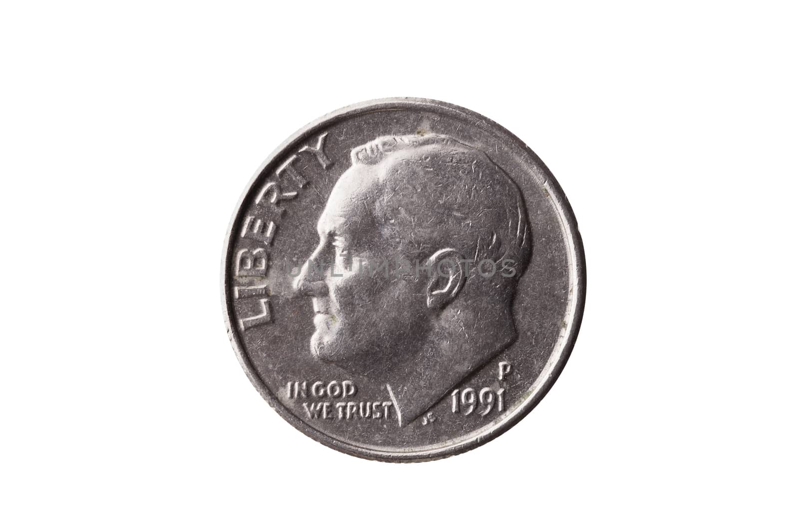 USA dime nickel coin (10 cents) with a portrait image of Franklin D Roosevelt cut out and isolated on a white background