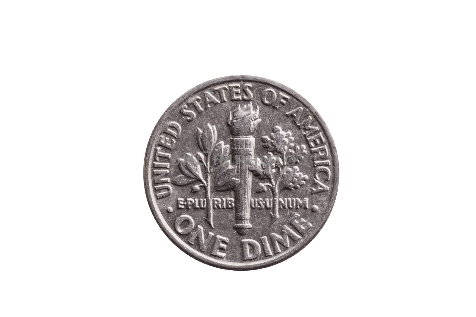 USA dime nickel coin (10 cents) reverse olive branch, torch and oak branch cut out and isolated on a white background