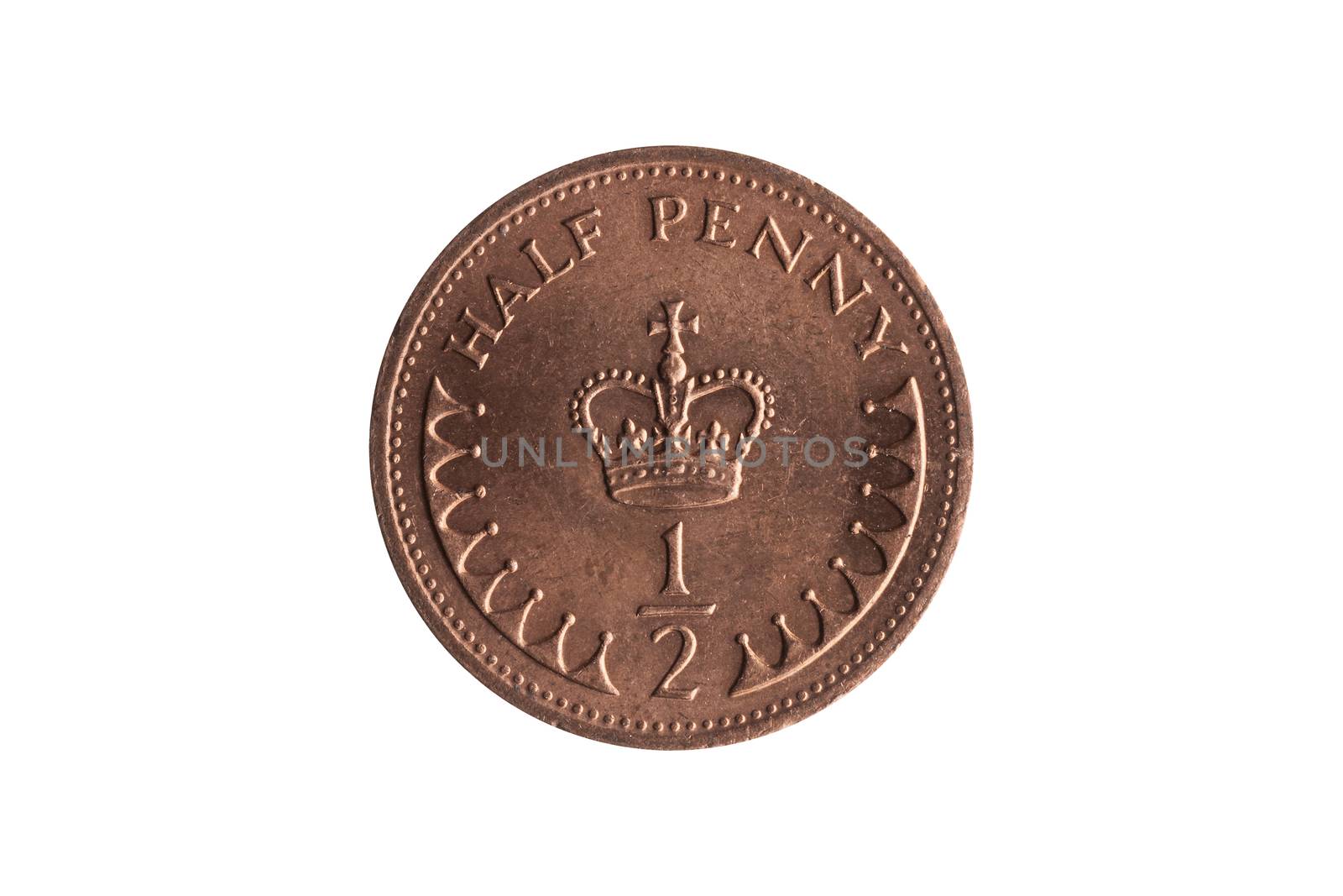 New halfpenny coin of England UK reverse St Edward's Crown cut out and isolated on a white background