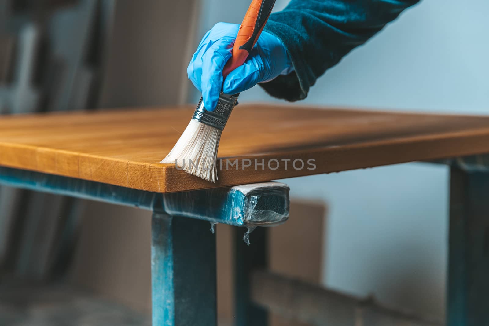 coating of wooden surface with protective varnish. hand in blue rubber glove uses brush.