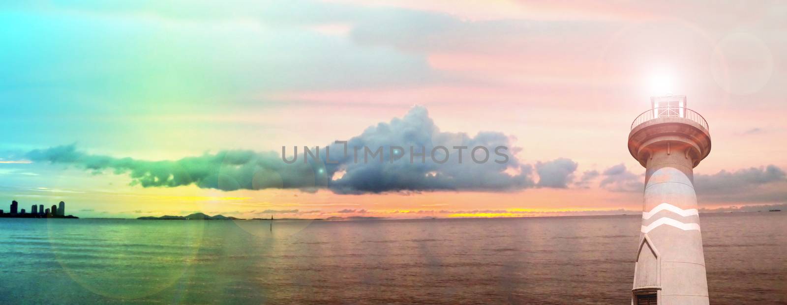 lighthouse ebb tide sunset on horizon in sea panorama by Darkfox