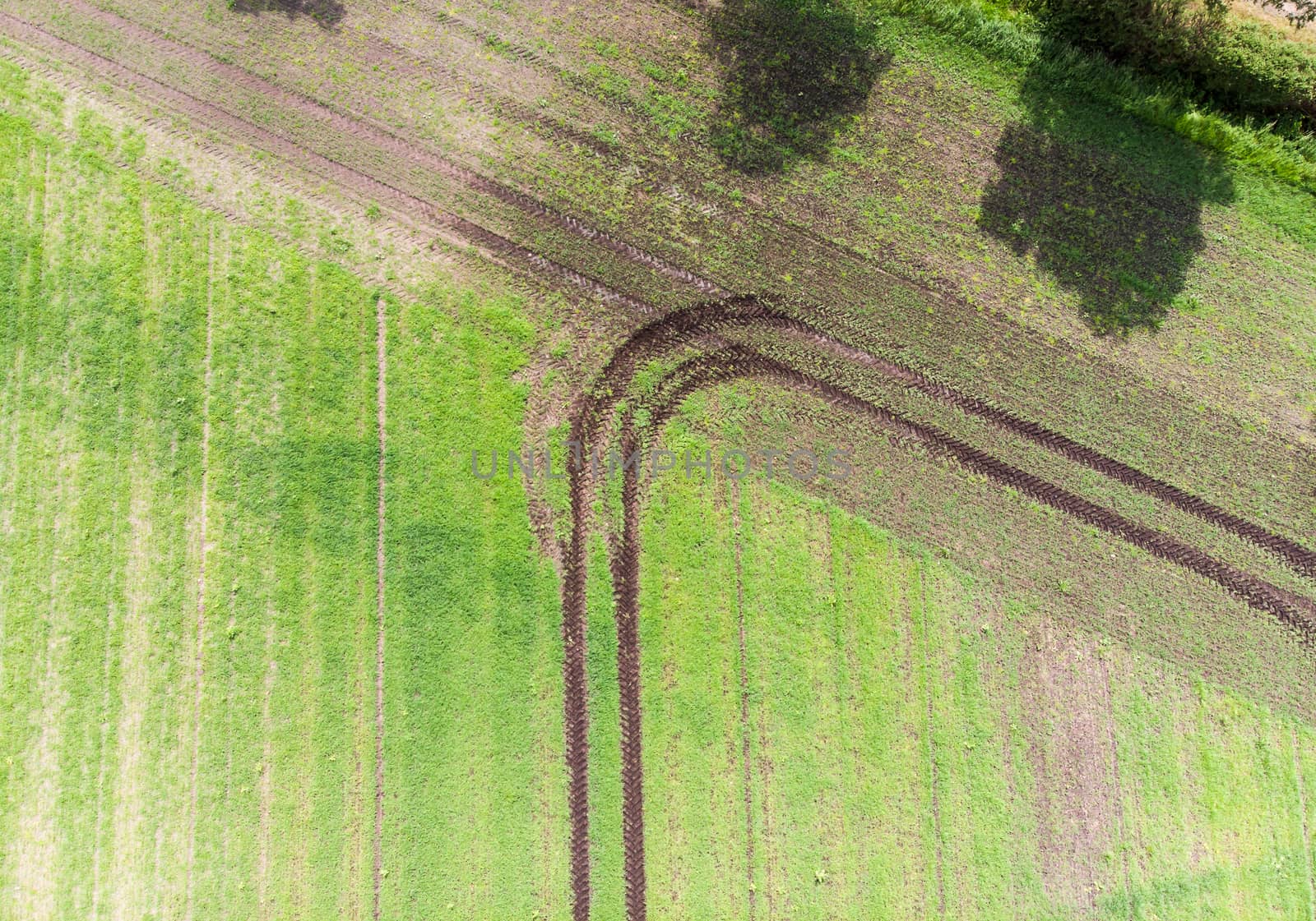 track of a tractor on a field which has made a turn when reaching the field boundary, abstract effect by vertical aerial view, to be used as background by geogif