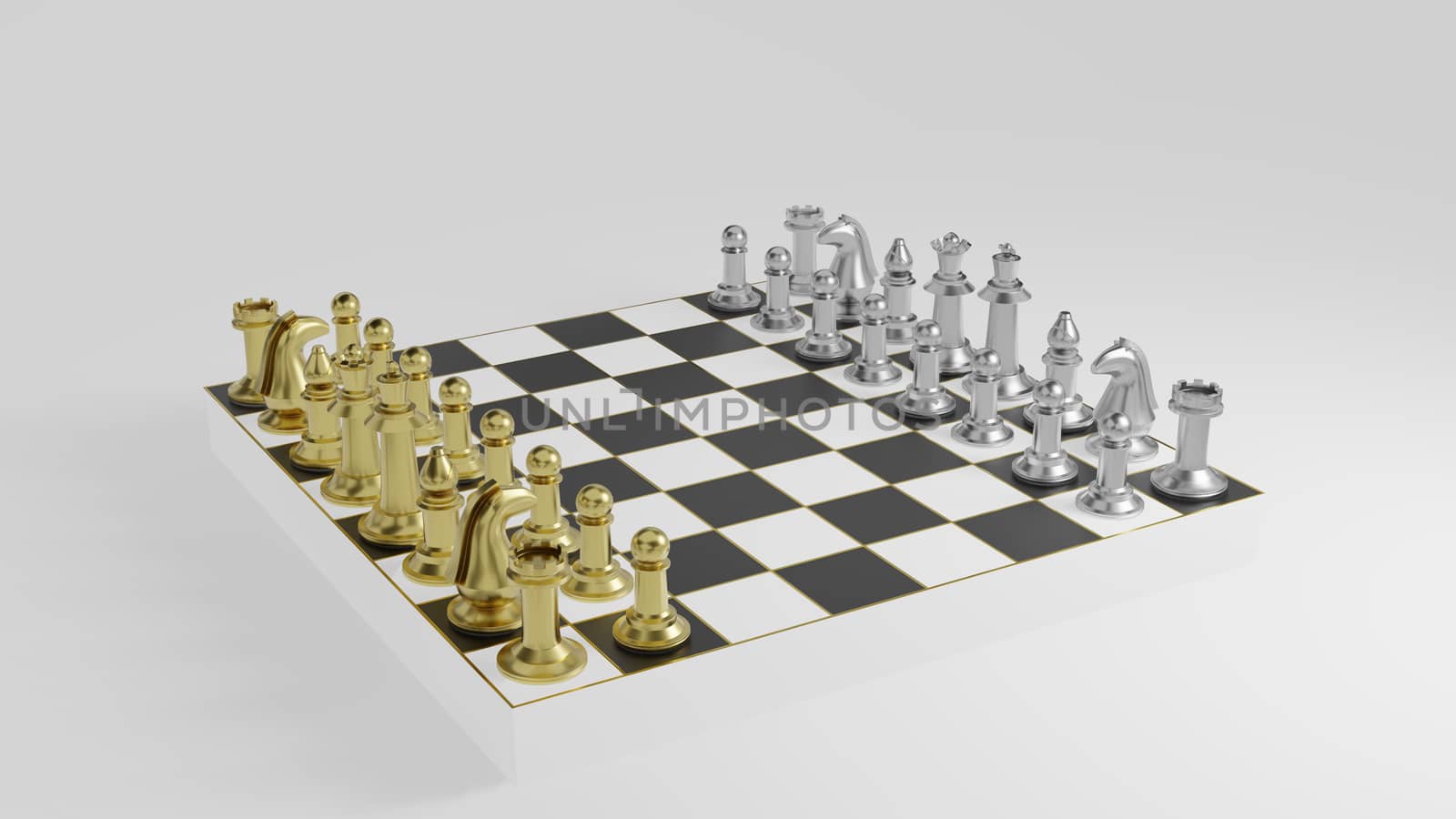 Golden and silver chess pieces on black and white board with gold striped on white background and copy space 3d rendering.