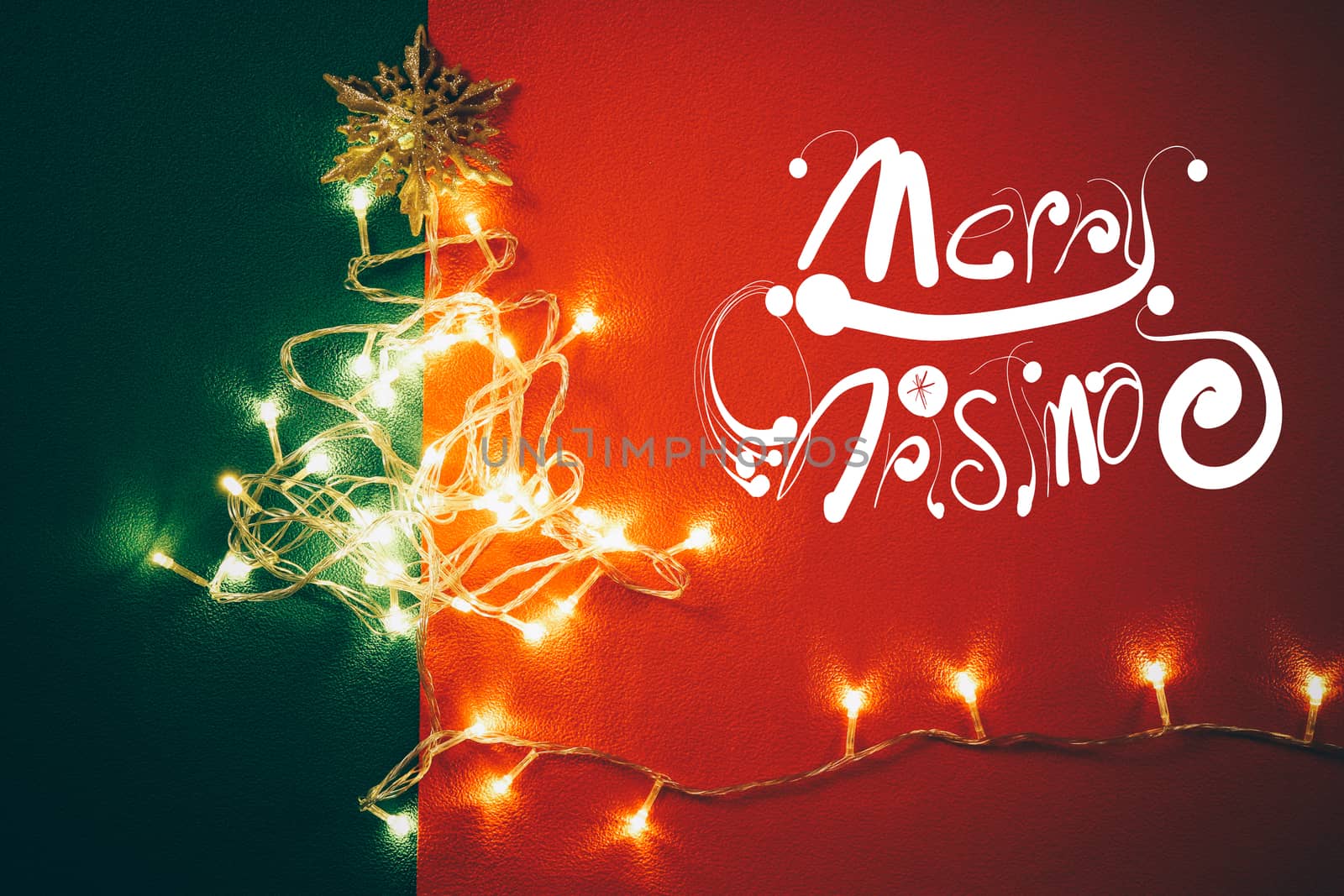 Greeting Season concept.Christmas light and pine star on red and green background