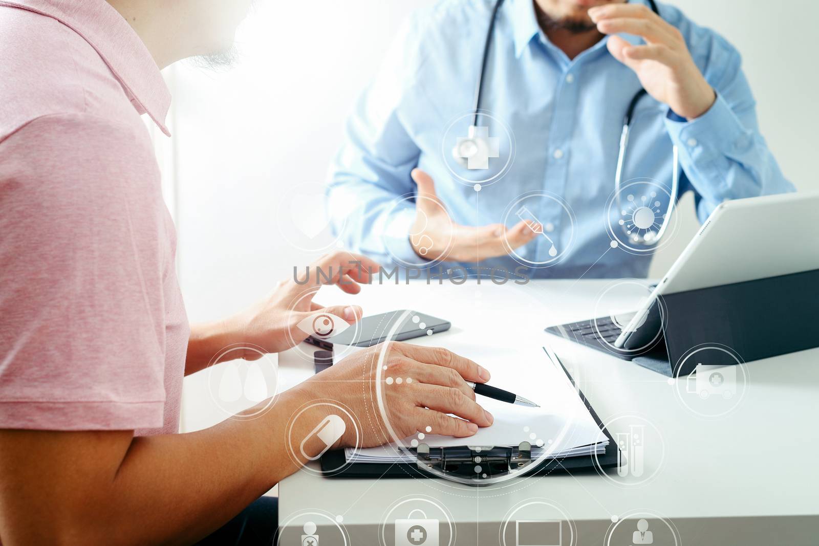 Medical doctor using mobile phone and consulting businessman patient having exam as Hospital professionalism concept with VR icon diagram