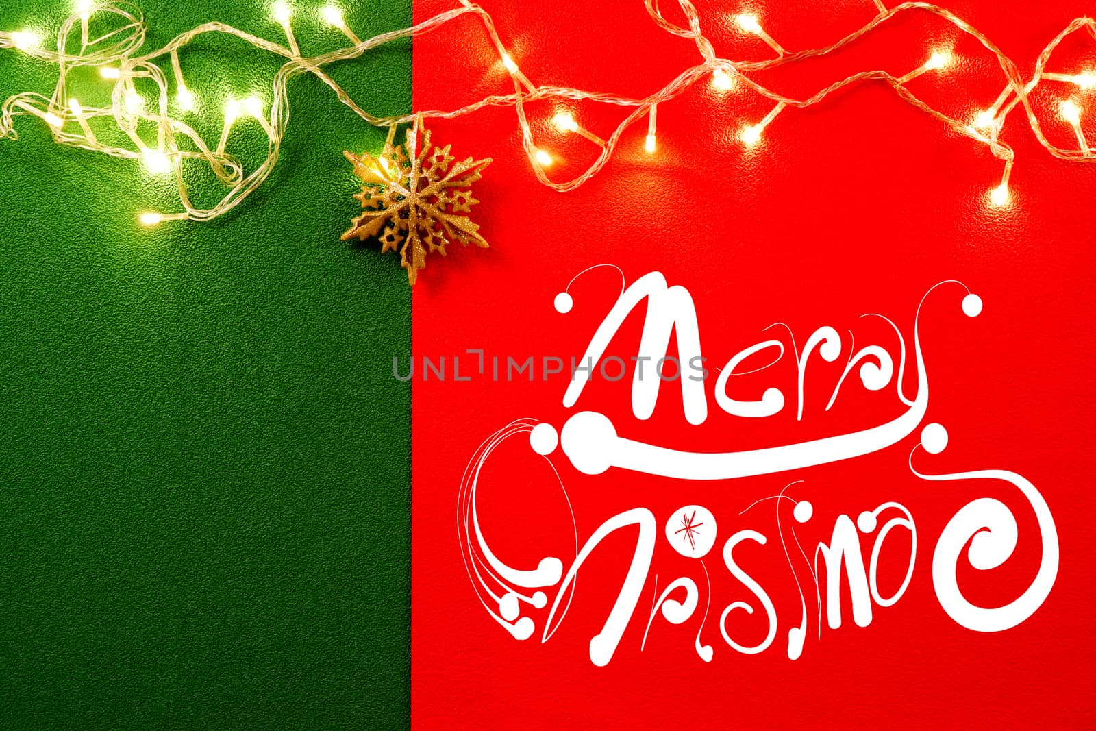 Greeting Season concept.Christmas light and pine star on red and green background