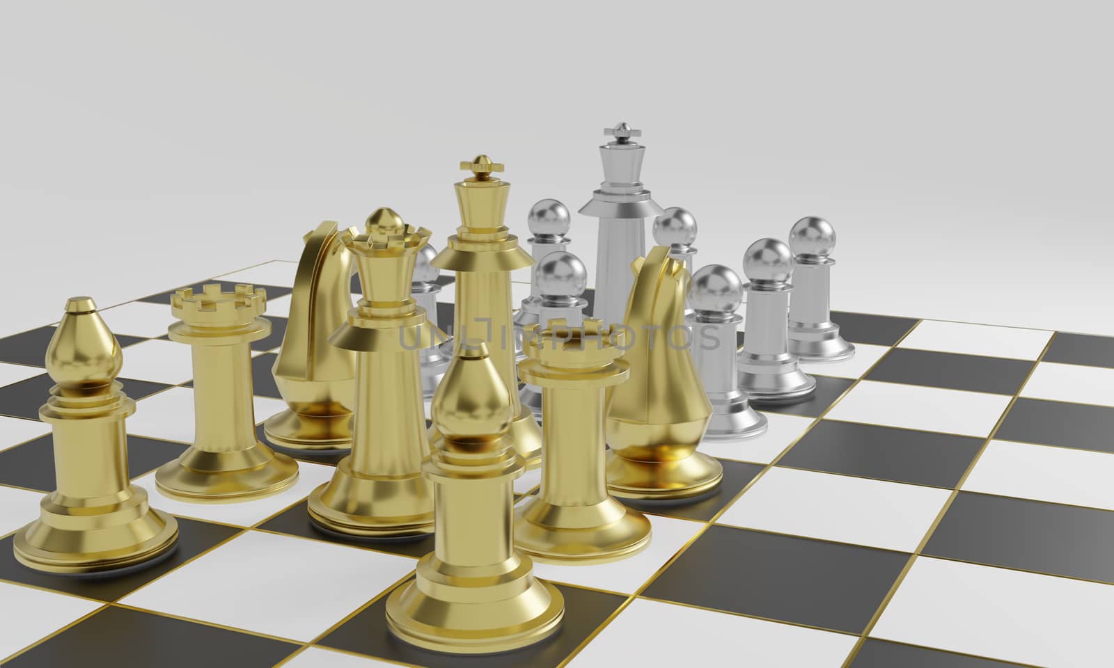 Golden chess pieces more powerful than silver chess pieces on black and white board with gold striped on white background and copy space 3d rendering.