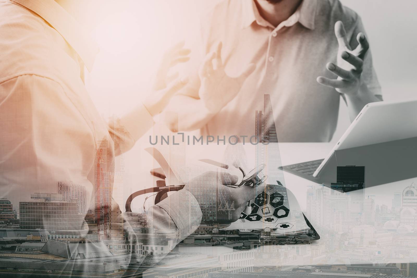 Medical doctor using mobile phone and consulting businessman patient having exam as Hospital professionalism concept with city exposure