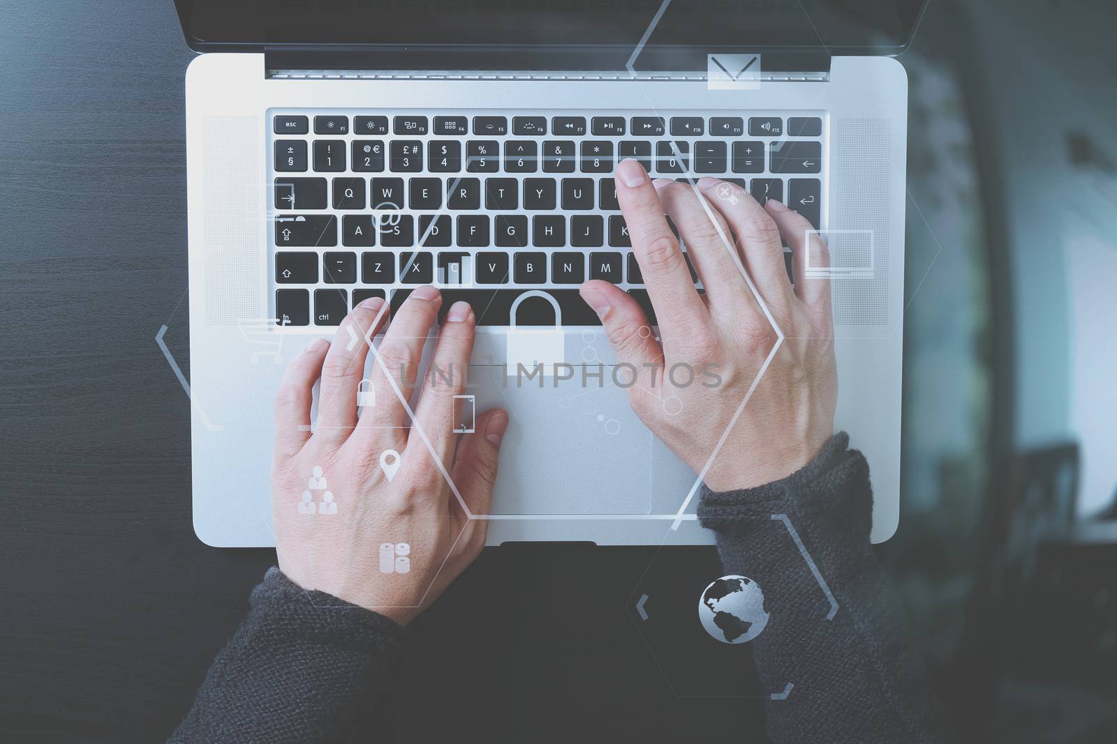 cyber security internet and networking concept.Businessman hand working with VR screen padlock icon on laptop computer background