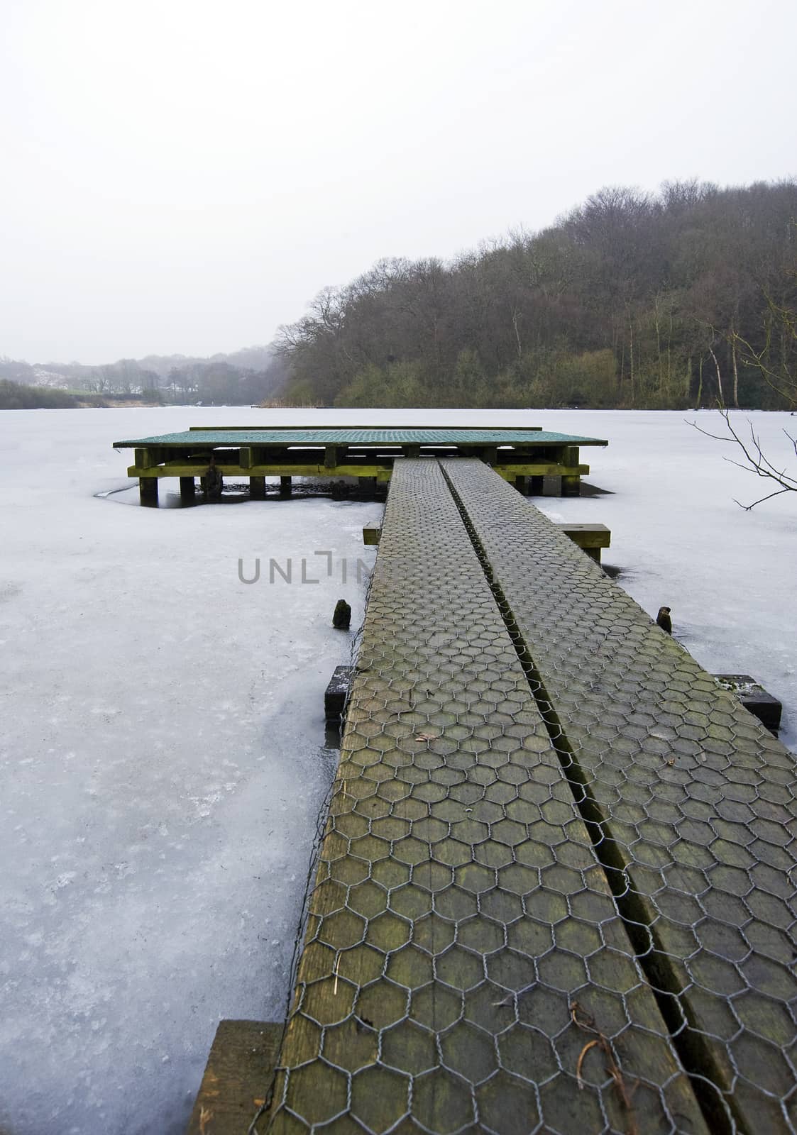 Small jetty on a frozen lake surrounded by woodland