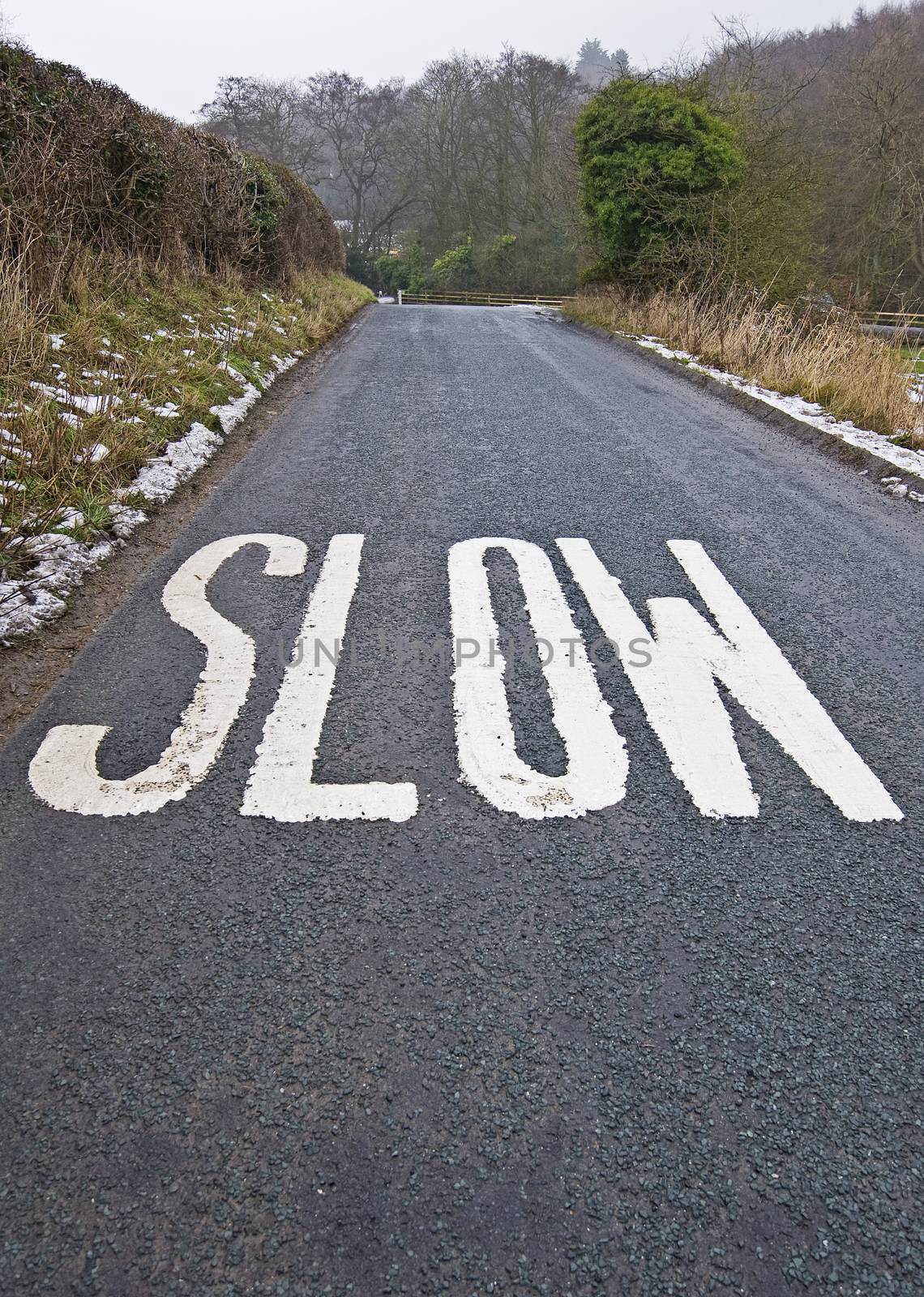 Slow sign painted on the surface of a country lane