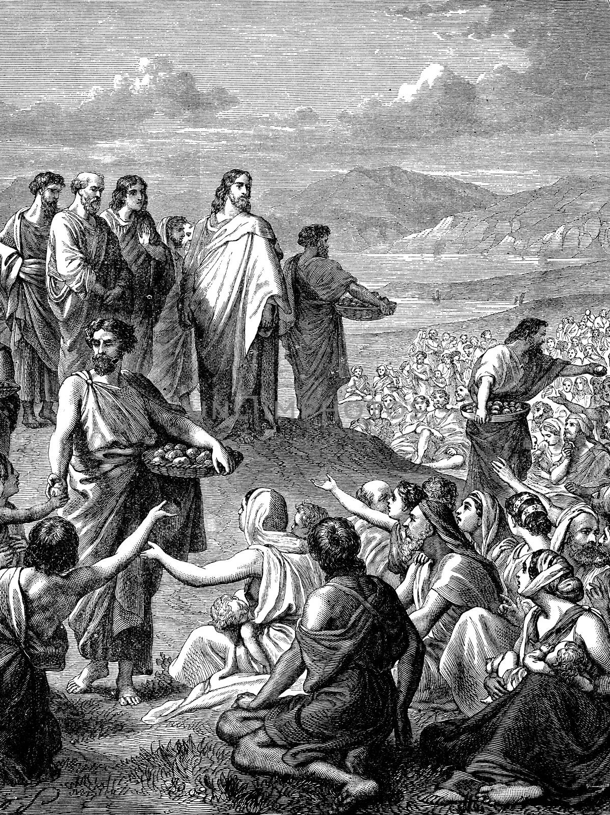 An engraved vintage illustration image of Jesus Feeding of the Multitude, also known as the Feeding of the Five Thousand of the New Testament Bible from a Victorian book dated 1883 that is no longer in copyright