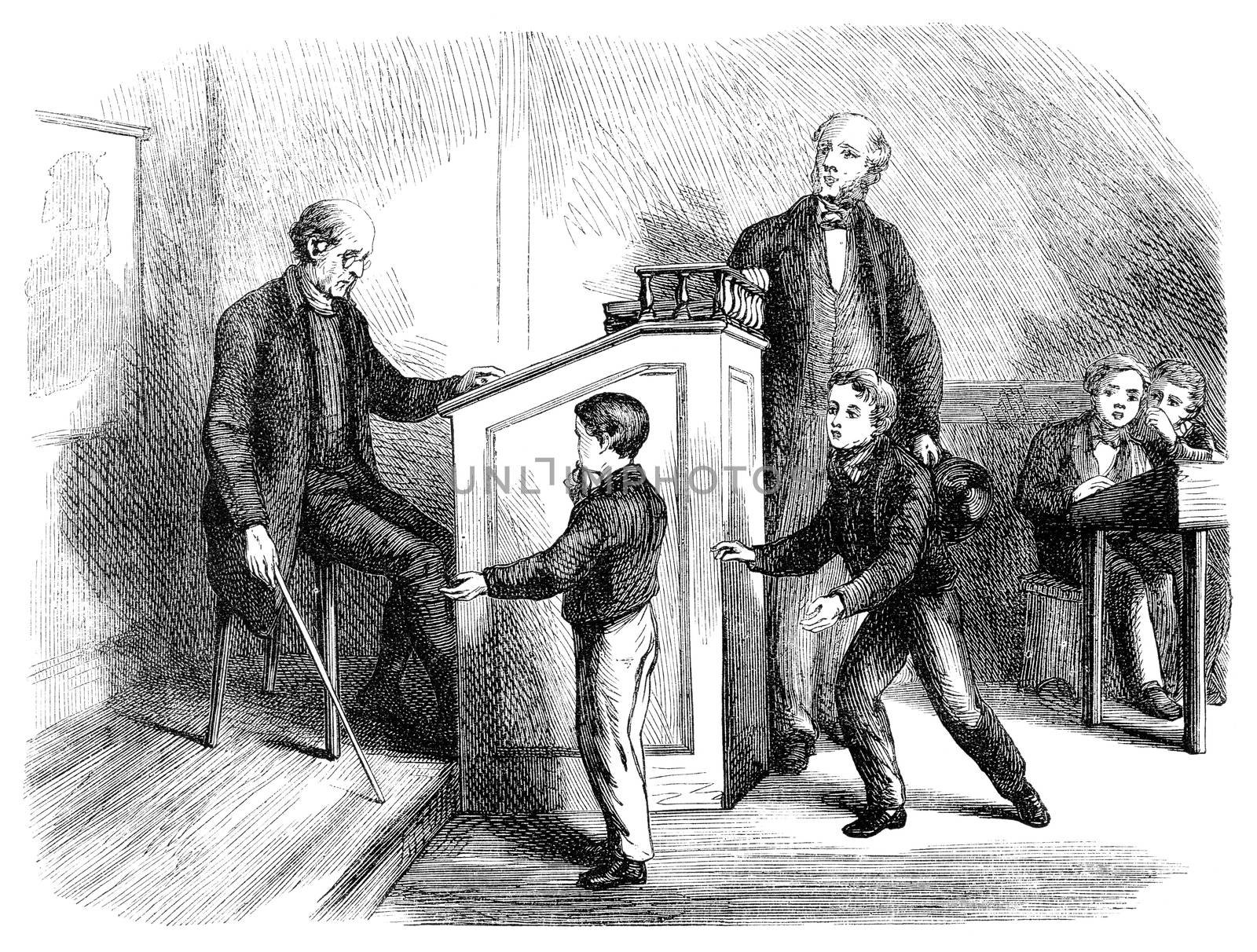 An engraved illustration image of a teacher in a school classroo by ant