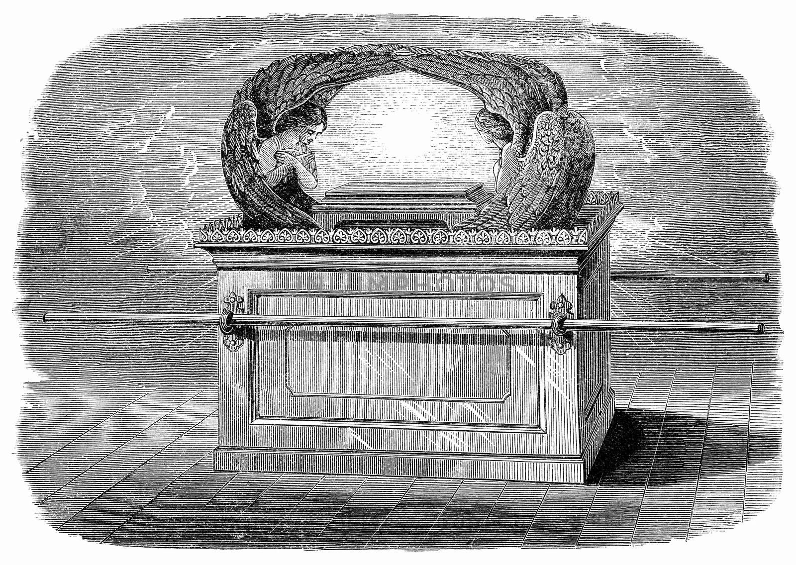 An engraved vintage illustration image of  the  Ark of the Covenant of the Old Testament Bible from a Victorian book dated 1883 that is no longer in copyright