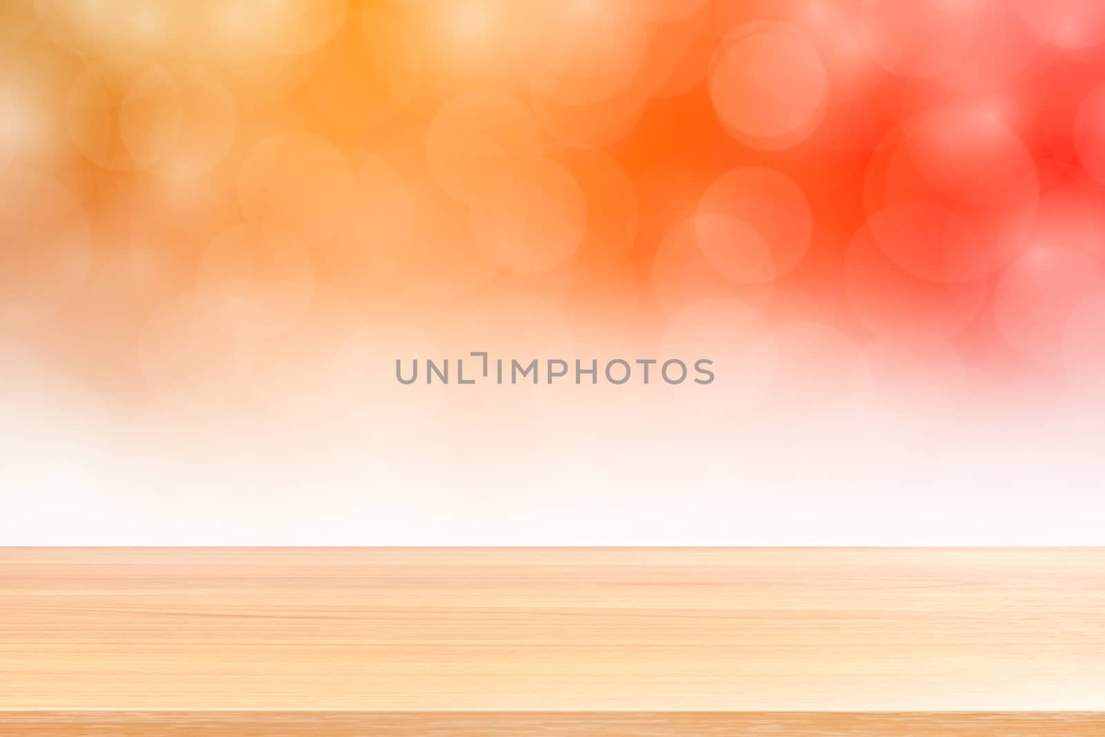 empty wood table floors on blurred bokeh soft orange white gradient background, wooden plank empty on bokeh colorful light shade, colorful bokeh lights gradient soft for banner advertising products by cgdeaw