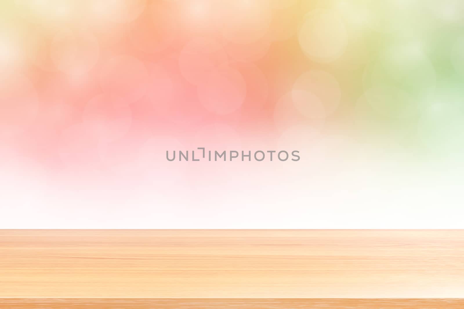 empty wood table floors on blurred bokeh soft pink gradient background, wooden plank empty on green pink bokeh colorful light shade, colorful bokeh lights gradient soft for banner advertising products by cgdeaw