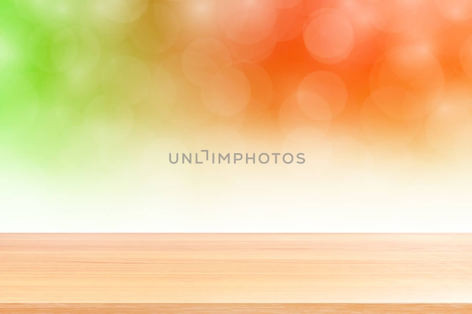 empty wood table floors on blurred bokeh soft orange white gradient background, wooden plank empty on bokeh colorful light shade, colorful bokeh lights gradient soft for banner advertising products by cgdeaw