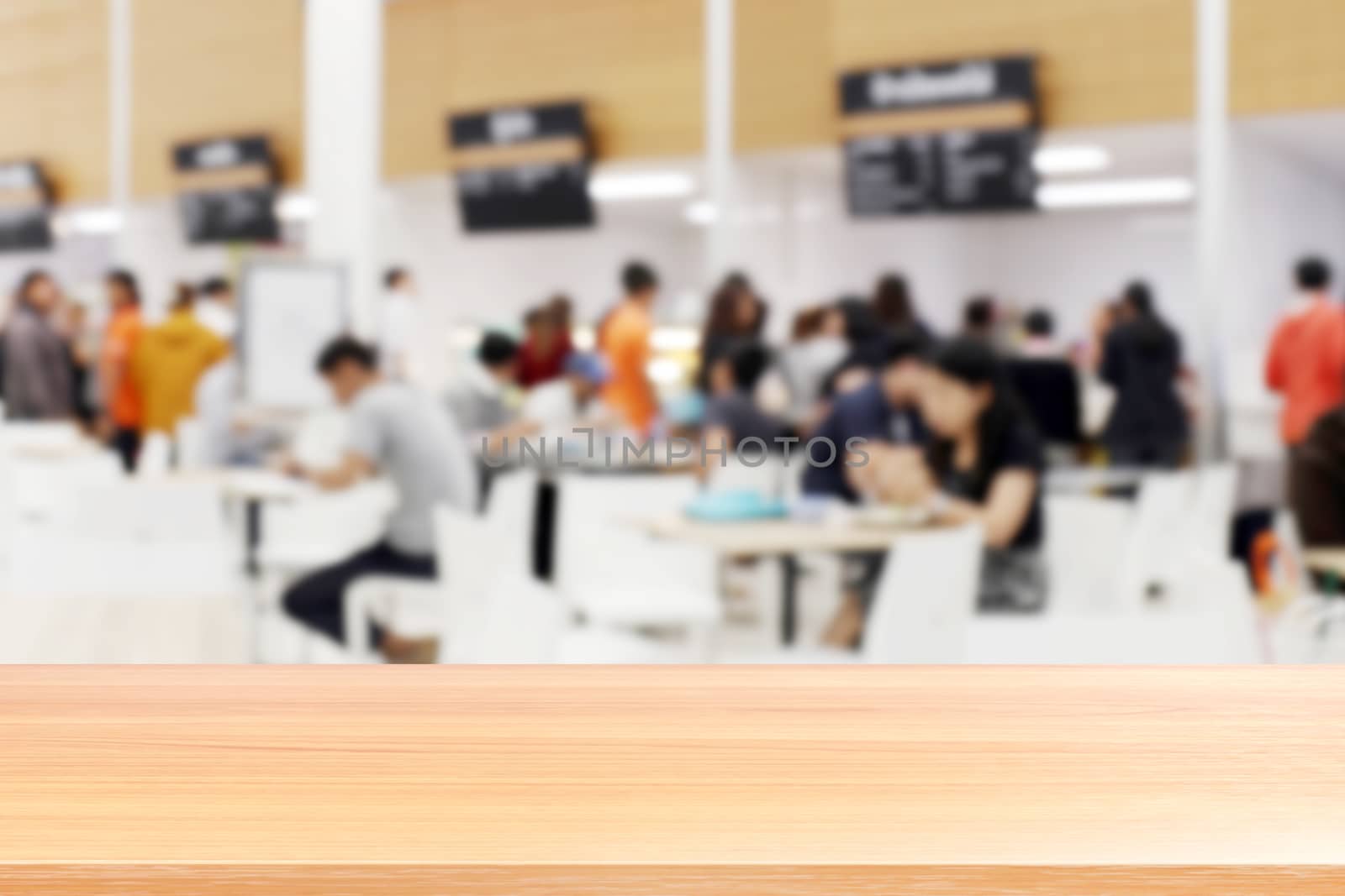 wood plank on blur canteen dining hall room, empty wood table floors on a lot of people are eating food in university canteen blur background, wood table board empty on blur cafe or cafeteria canteen