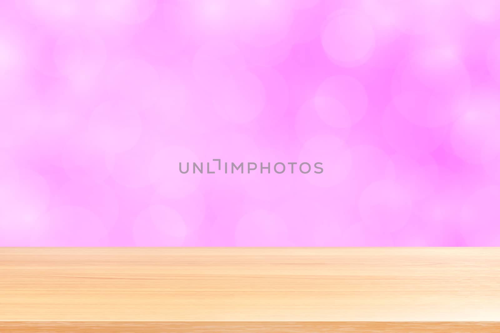 empty wood table floors on blurred bokeh soft pink gradient background, wooden plank empty on pink bokeh colorful light shade, colorful bokeh lights gradient soft for banner advertising products by cgdeaw