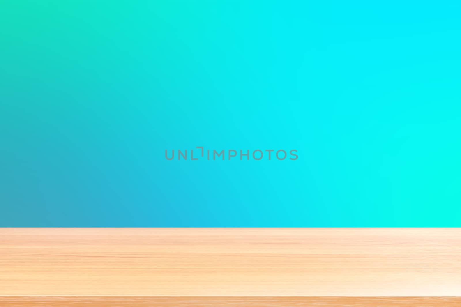 empty wood table floors on gradient blue soft background, wood table board empty front colorful gradient, wooden plank blank on light blue gradient for display products or banner advertising by cgdeaw