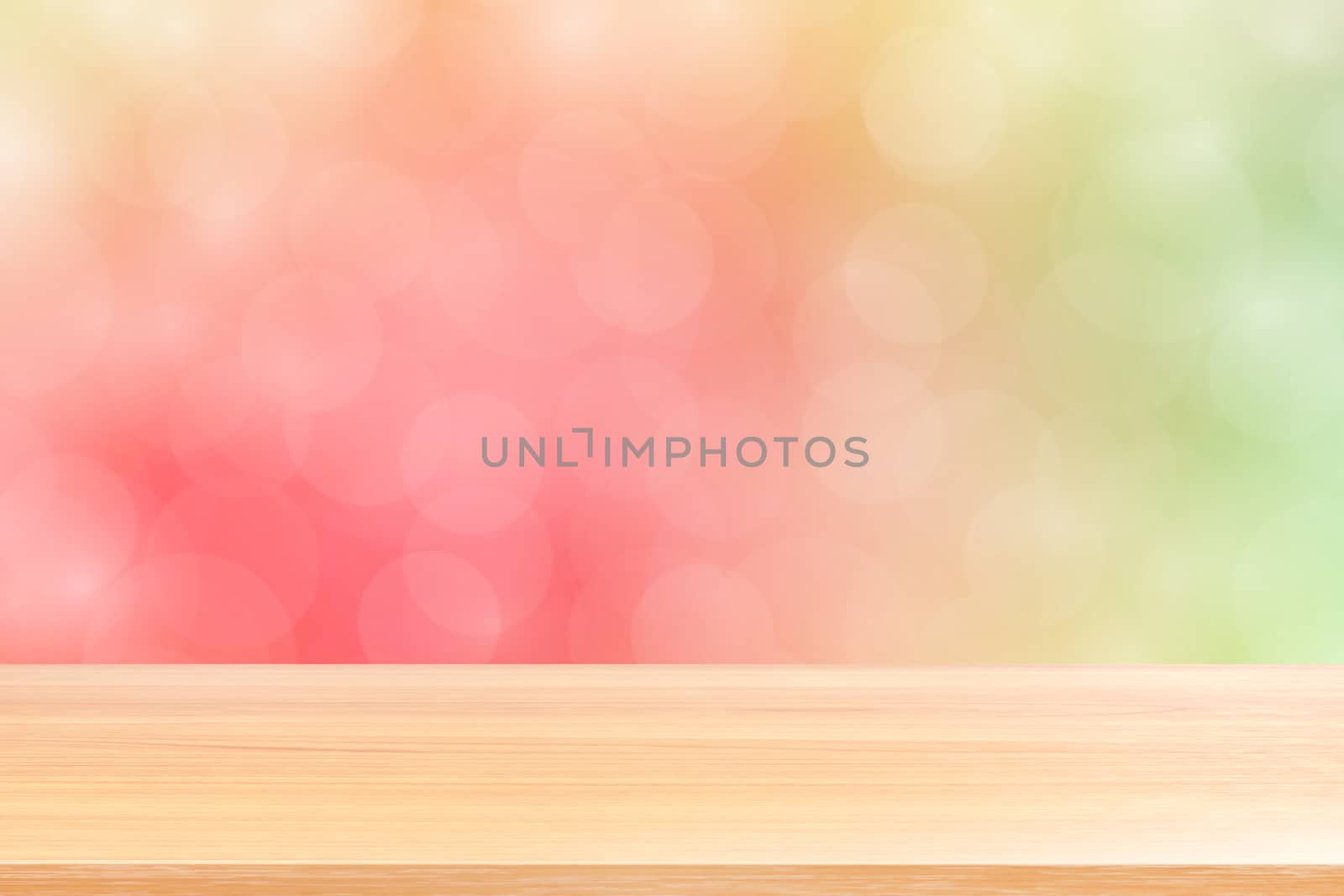 empty wood table floors on blurred bokeh soft pink gradient background, wooden plank empty on green pink bokeh colorful light shade, colorful bokeh lights gradient soft for banner advertising products by cgdeaw