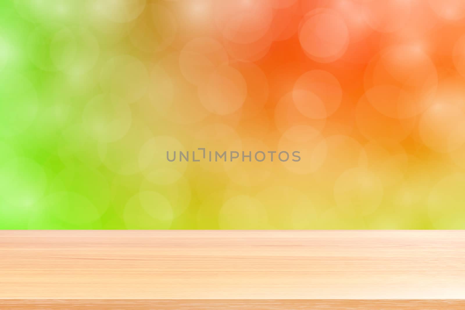 empty wood table floors on blurred bokeh soft red green gradient background, wooden plank empty on green bokeh colorful light shade, colorful bokeh lights gradient soft for banner advertising products