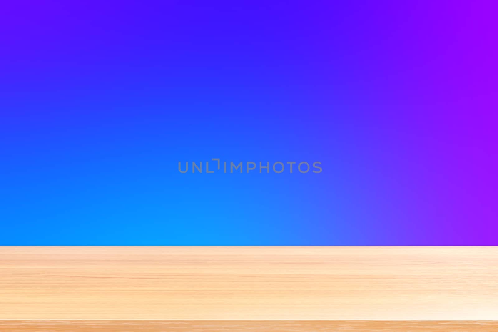 empty wood table floors on gradient blue and purple soft background, wood table board empty front colorful gradient, wooden plank blank on blue gradient for display products or banner advertising by cgdeaw