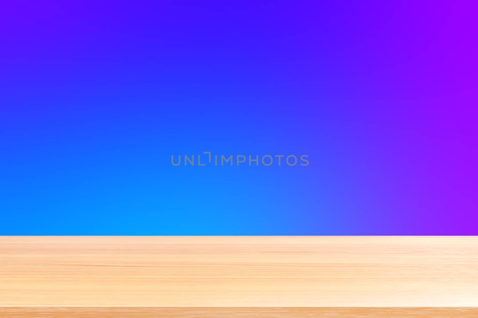 empty wood table floors on gradient blue and purple soft background, wood table board empty front colorful gradient, wooden plank blank on blue gradient for display products or banner advertising