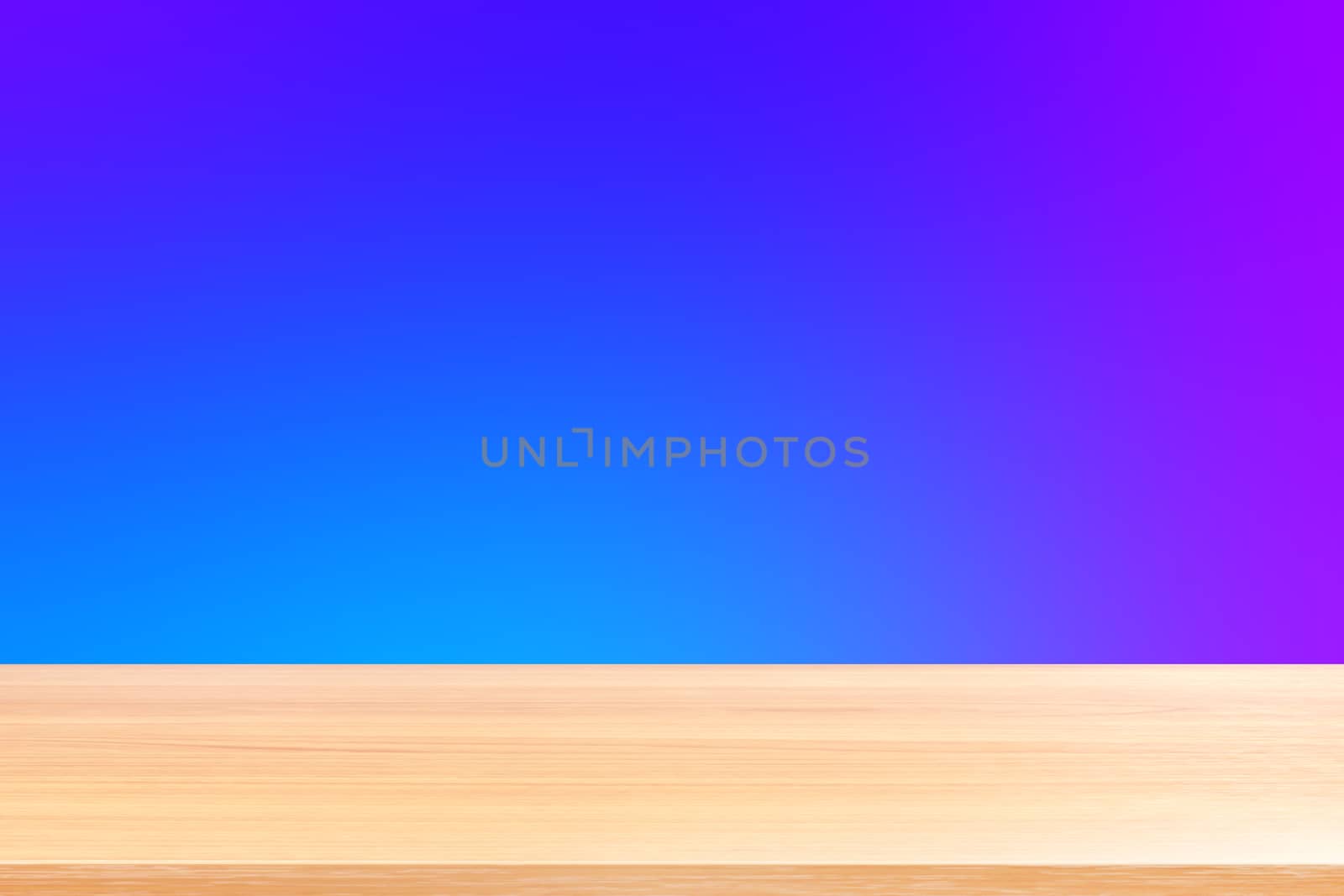 empty wood table floors on gradient blue and purple soft background, wood table board empty front colorful gradient, wooden plank blank on blue gradient for display products or banner advertising