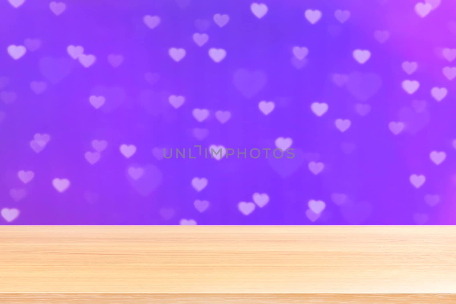 empty wood table floors on bokeh lights heart soft purple background, wood table board empty front bokeh heart shape colorful, wooden plank blank on colorful bokeh shine heart shape soft purple