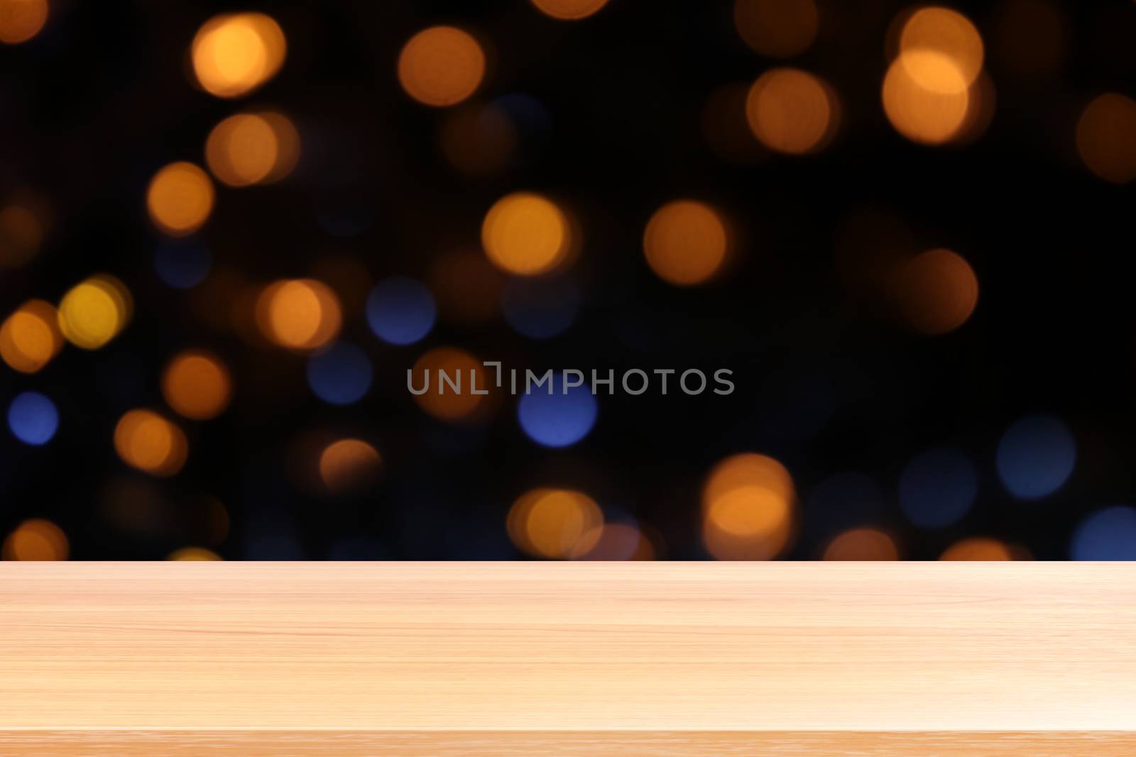 wood plank on colorful bokeh light abstract background, empty wood table floors on abstract bokeh night light multi color background, wood table board empty front colorful bokeh multi color beam light