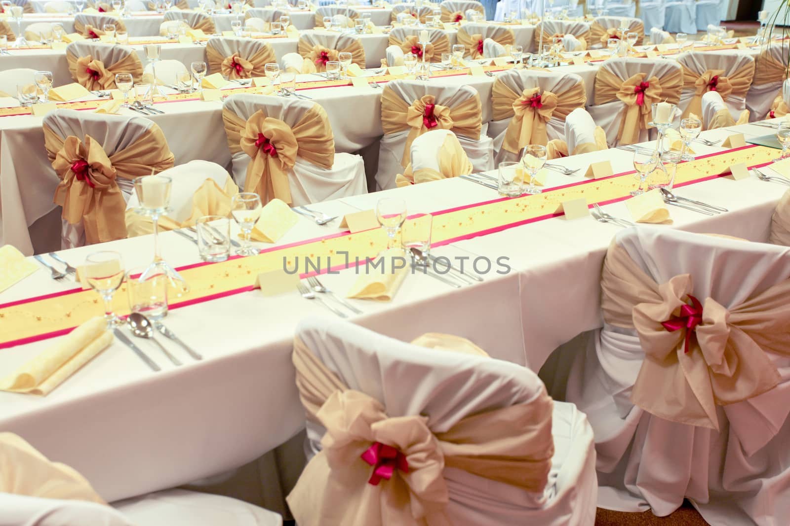 Arranged wedding tables.