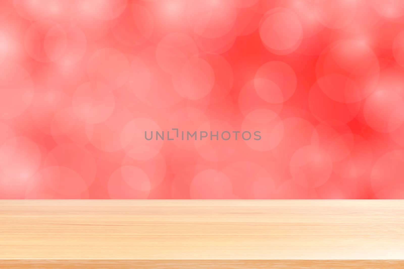 empty wood table floors on blurred bokeh soft red gradient background, wooden plank empty on red bokeh colorful light shade, colorful bokeh lights gradient soft for banner advertising products by cgdeaw