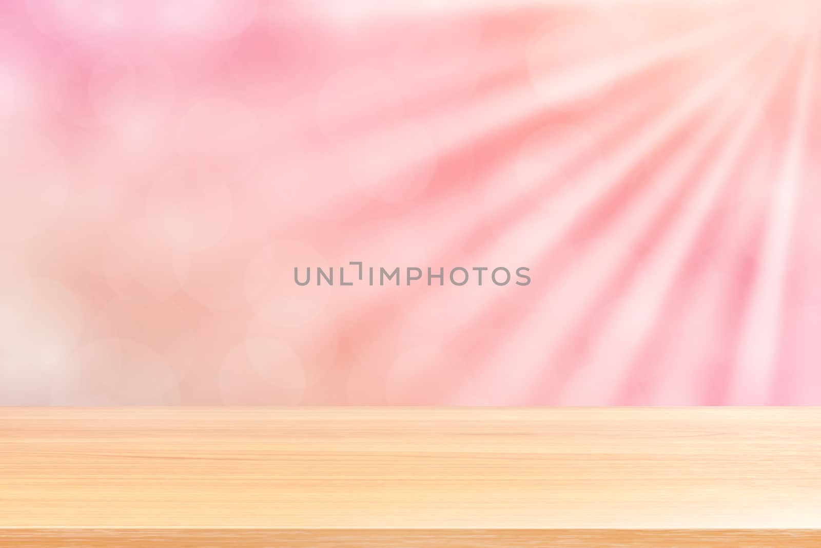 empty wood table floors on soft pink bokeh lights beam shine gradient background, wooden plank empty on pink bokeh colorful light shine, pink colorful bokeh lights gradient soft for banner advertising by cgdeaw