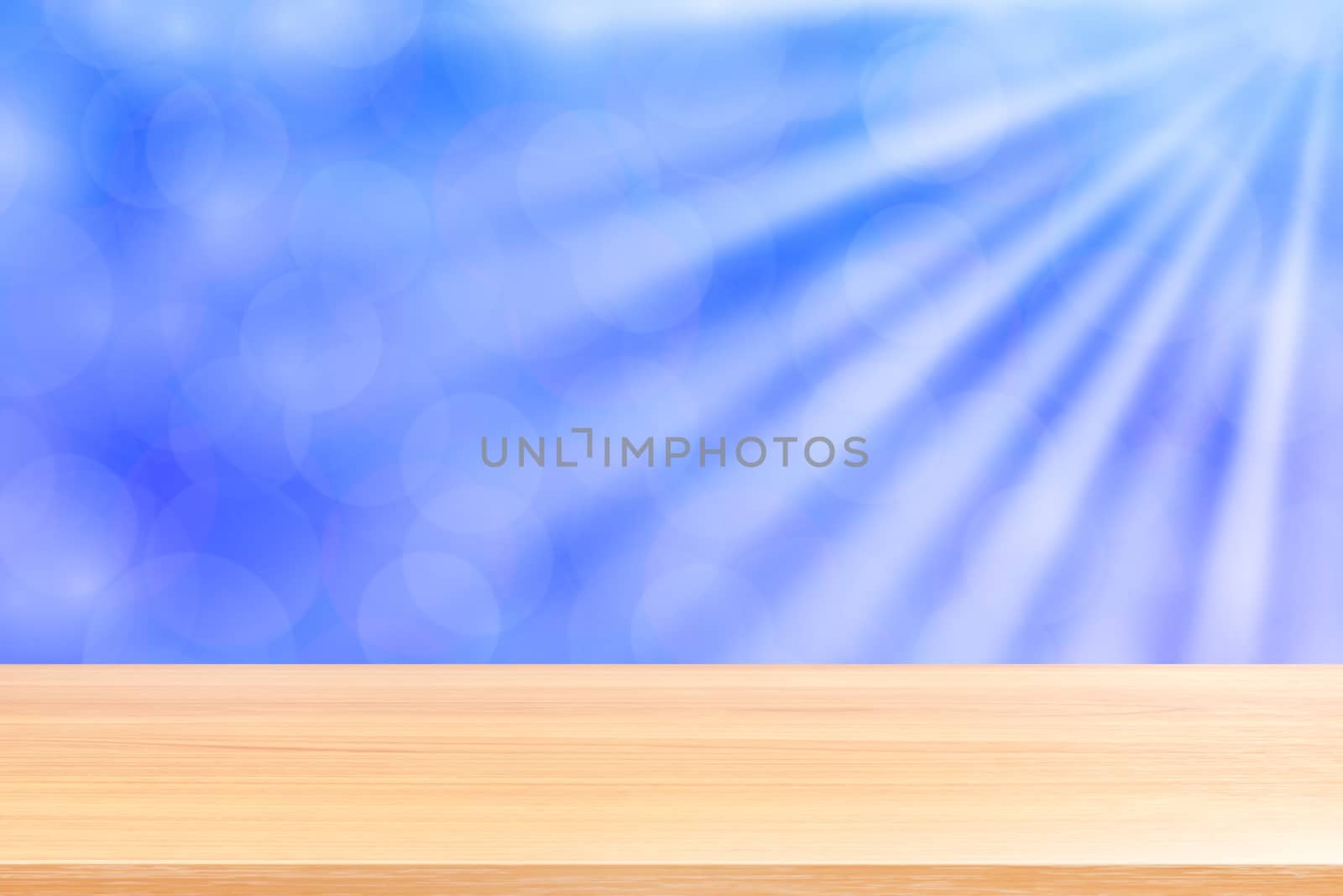 empty wood table floors on soft blue bokeh lights beam shine gradient background, wooden plank empty on blue bokeh colorful light shine, colorful bokeh lights gradient soft for banner advertising by cgdeaw