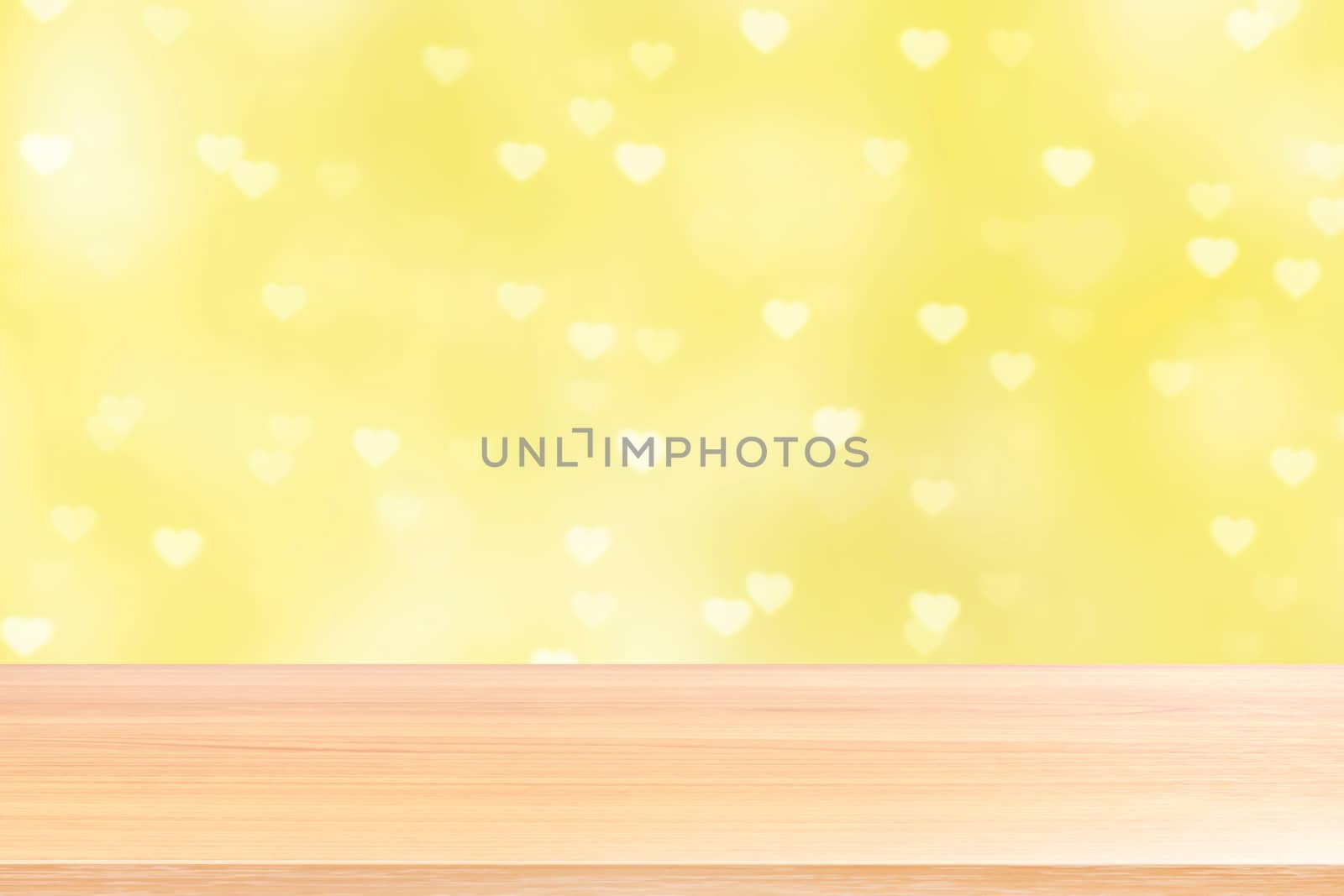 empty wood table floors on bokeh lights heart soft yellow background, wood table board empty front bokeh heart shape colorful, wooden plank blank on colorful bokeh shine heart shape soft yellow by cgdeaw