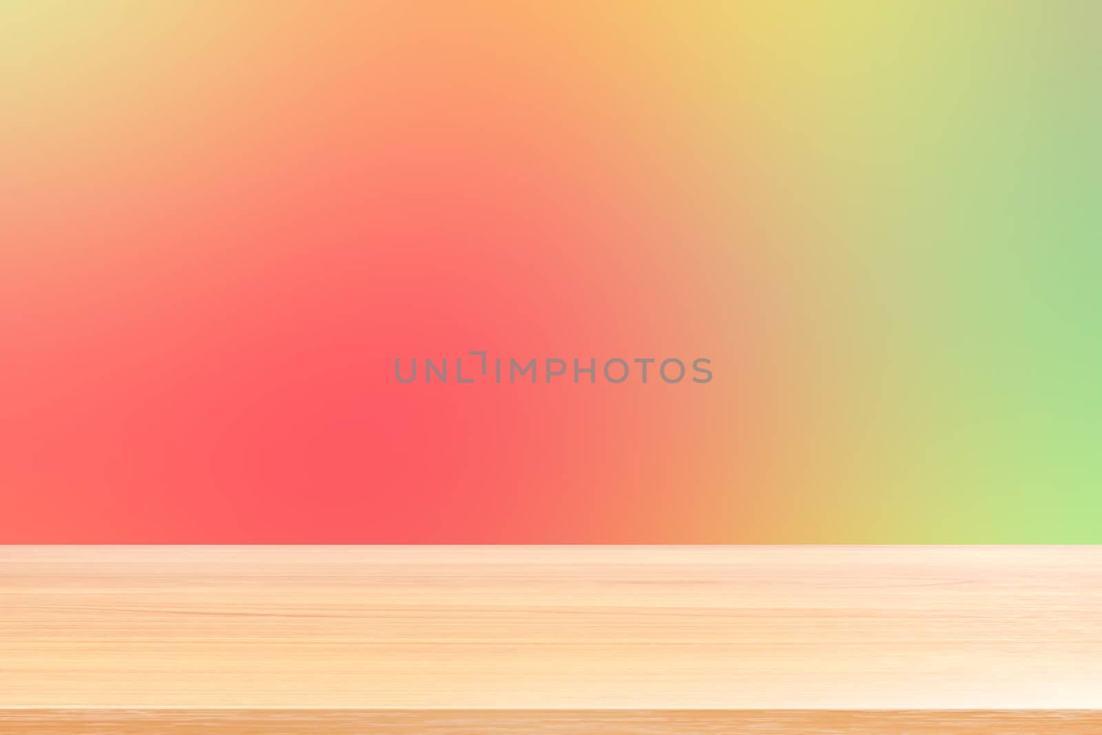 empty wood table floors on gradient red and green soft background, wood table board empty front colorful gradient, wooden plank blank on light red gradient for display products or banner advertising by cgdeaw