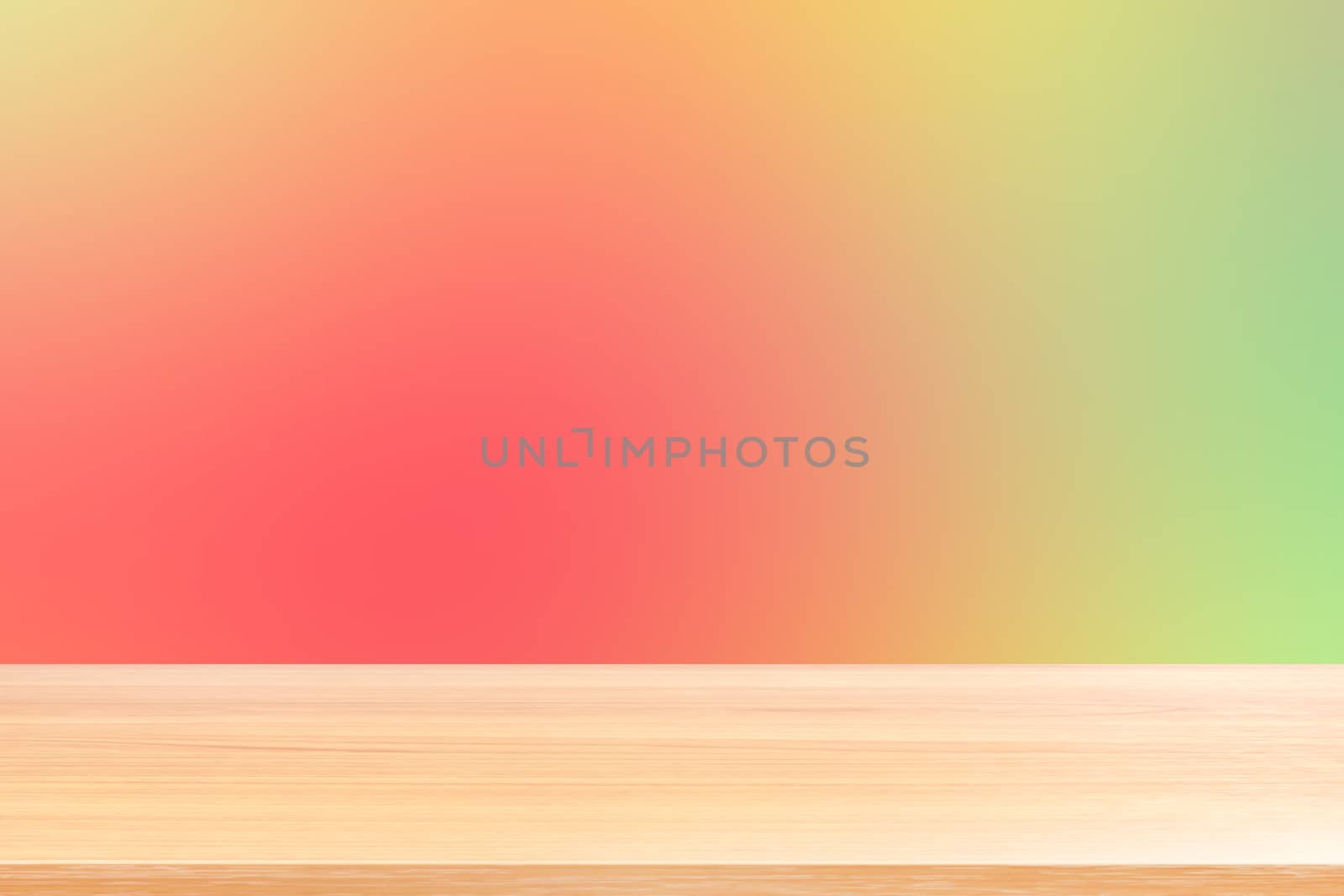 empty wood table floors on gradient red and green soft background, wood table board empty front colorful gradient, wooden plank blank on light red gradient for display products or banner advertising