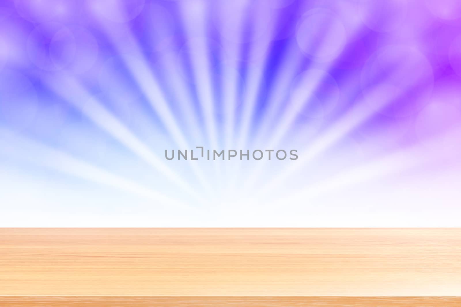 empty wood table floors on soft purple bokeh lights beam shine gradient background, wooden plank empty on purple bokeh colorful light shine, colorful bokeh lights gradient soft for banner advertising by cgdeaw