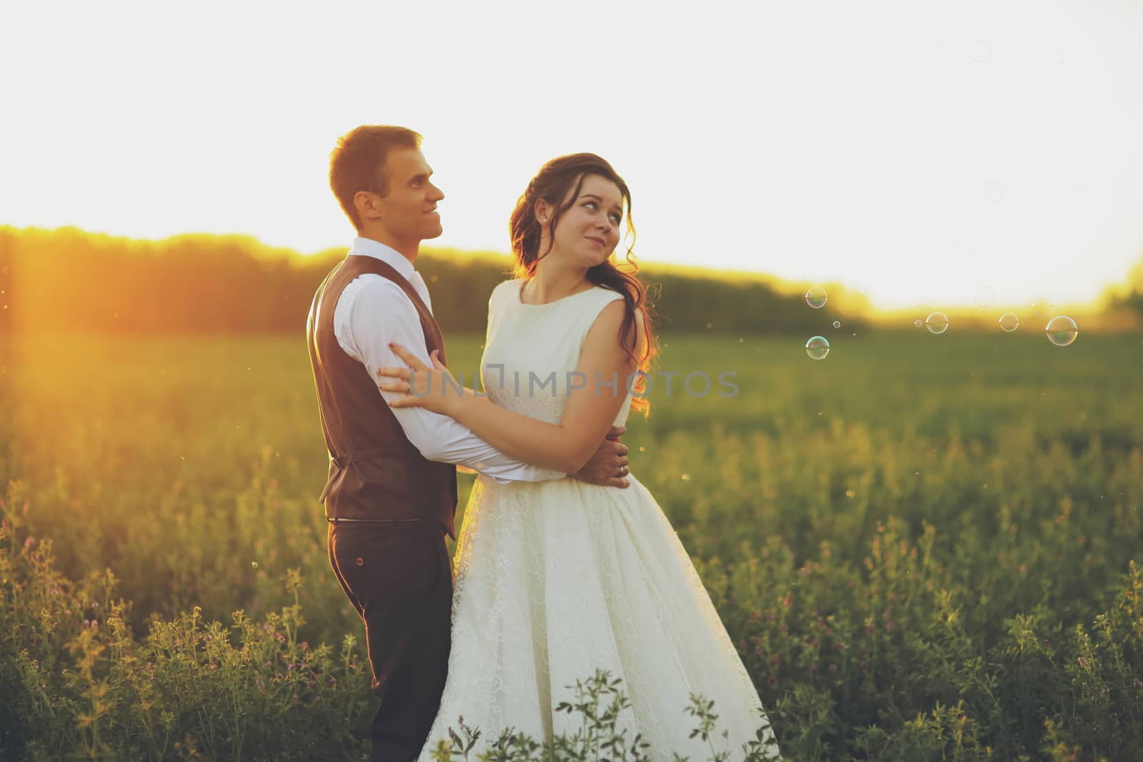 Happy bride and groom hug each other in the park at sunset. Wedding. Happy love concept. High quality photo