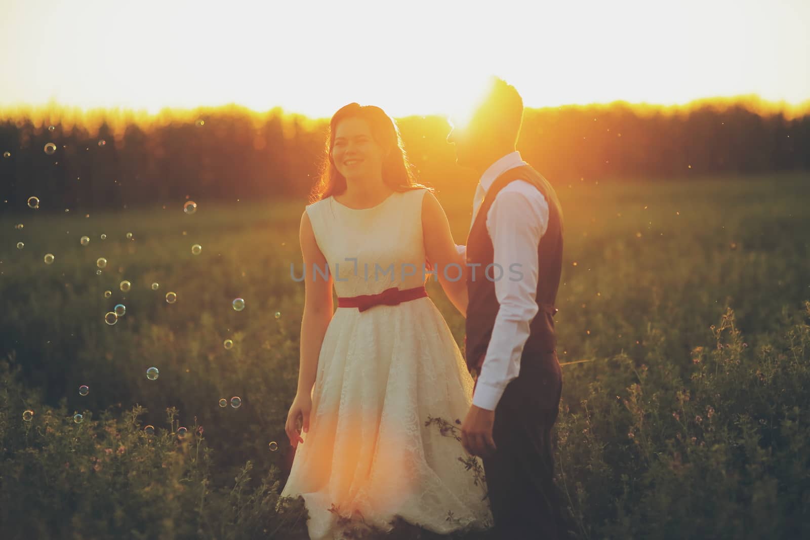 The bride and groom hold hands and walk in the park. Sunset light. Bubble. Wedding. Happy family concept. High quality photo