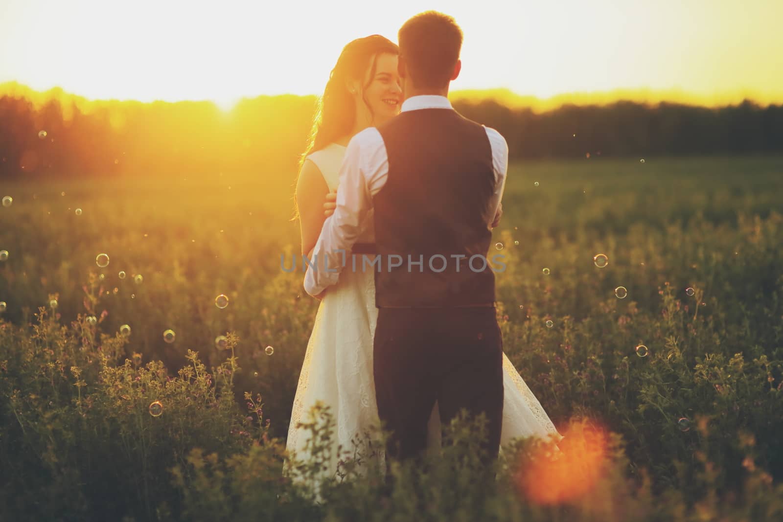 Happy bride and groom hug each other in the park at sunset. Wedding. Happy love concept. by selinsmo