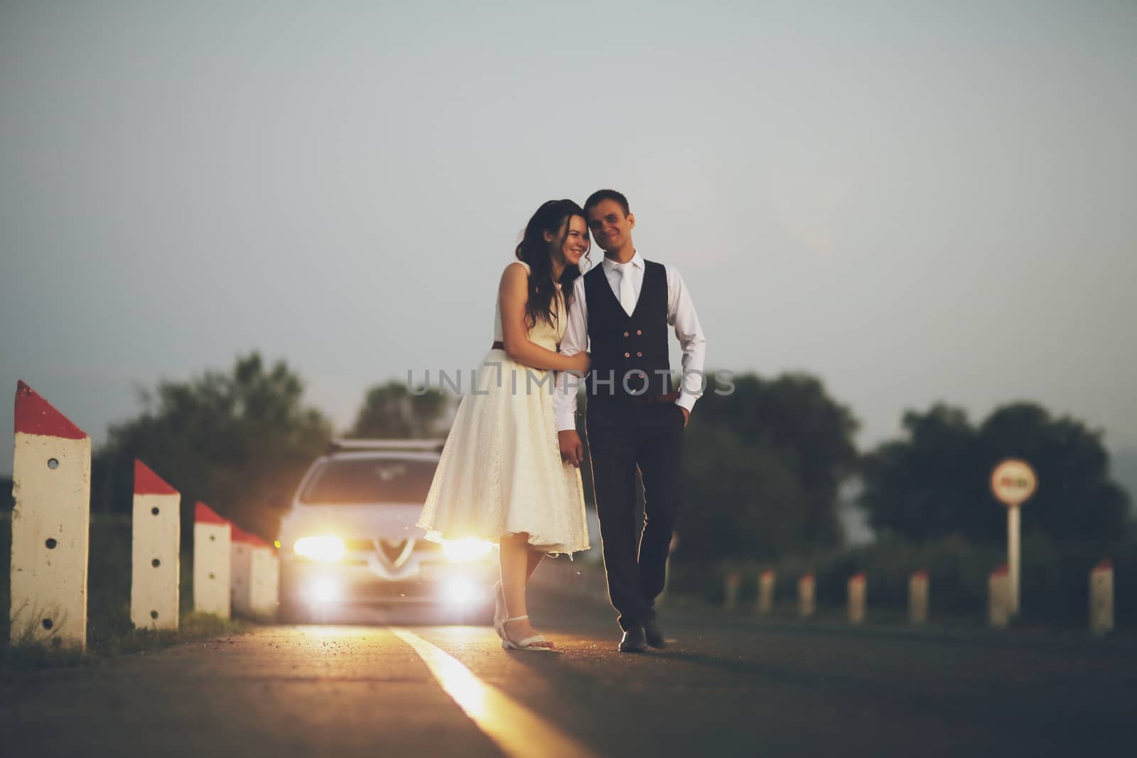 Happy bride and groom in the light of car headlights. Wedding. Happy love concept. by selinsmo