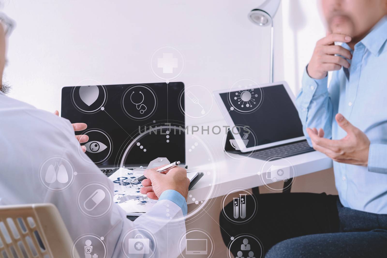 Medical doctor in white uniform gown coat consulting businessman patient having exam as Hospital professionalism concept with VR icon diagram
