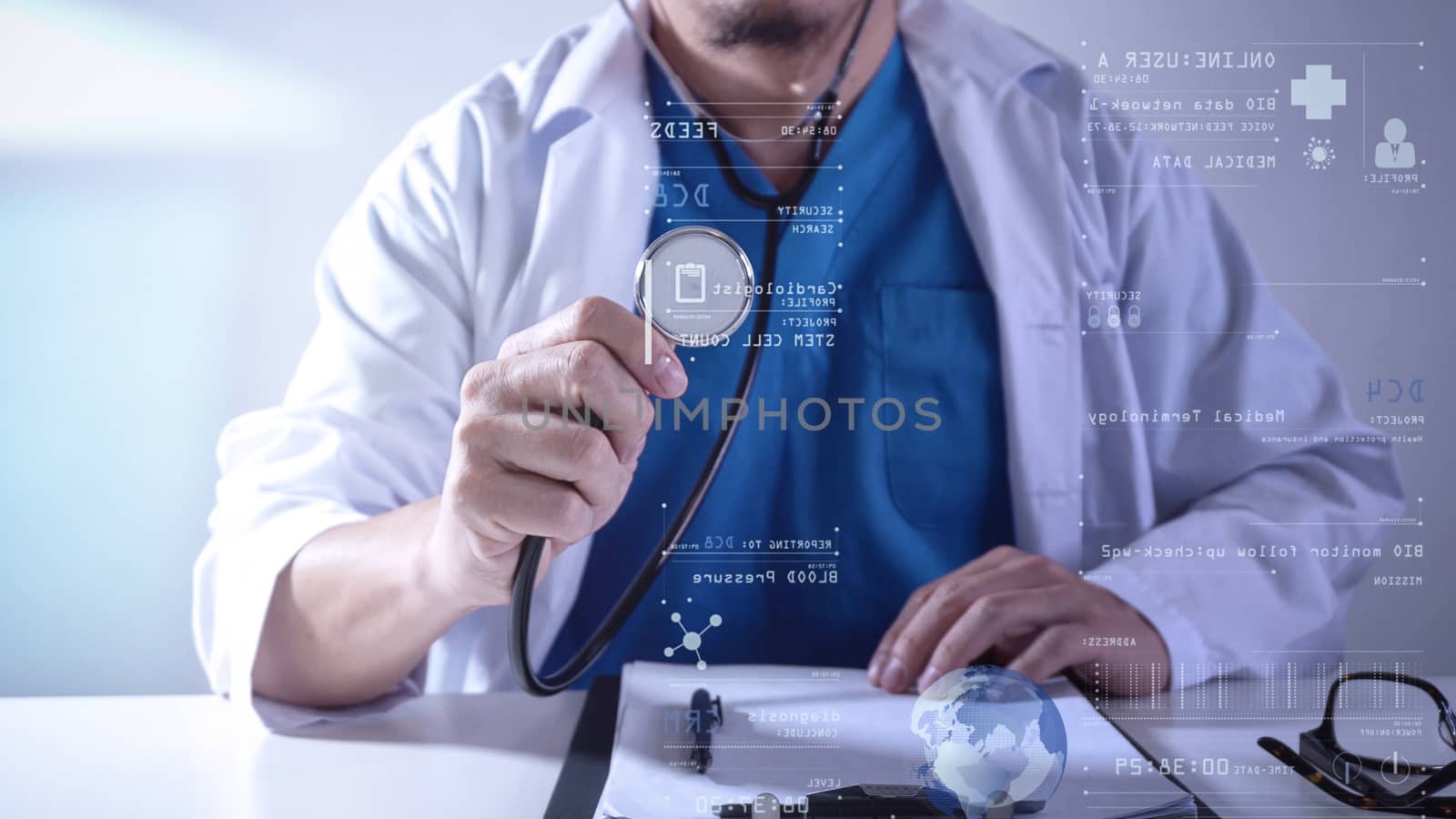 Medical techonlogy concept,smart doctor hand working with modern computer in hospital office with virtual icon diagram
