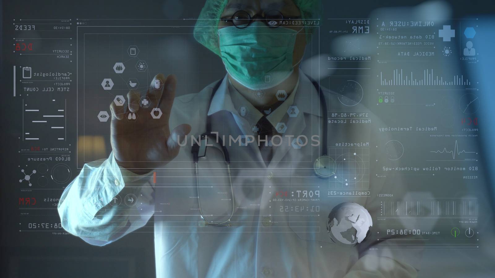 Medical technology concept,smart doctor hand working with modern computer in hospital office with virtual icon diagram