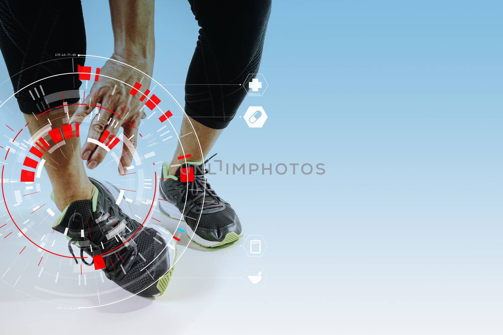 Runner sportsman holding ankle in pain with Broken twisted joint running sport injury and Athletic man touching foot due to sprain with VR medical scanning