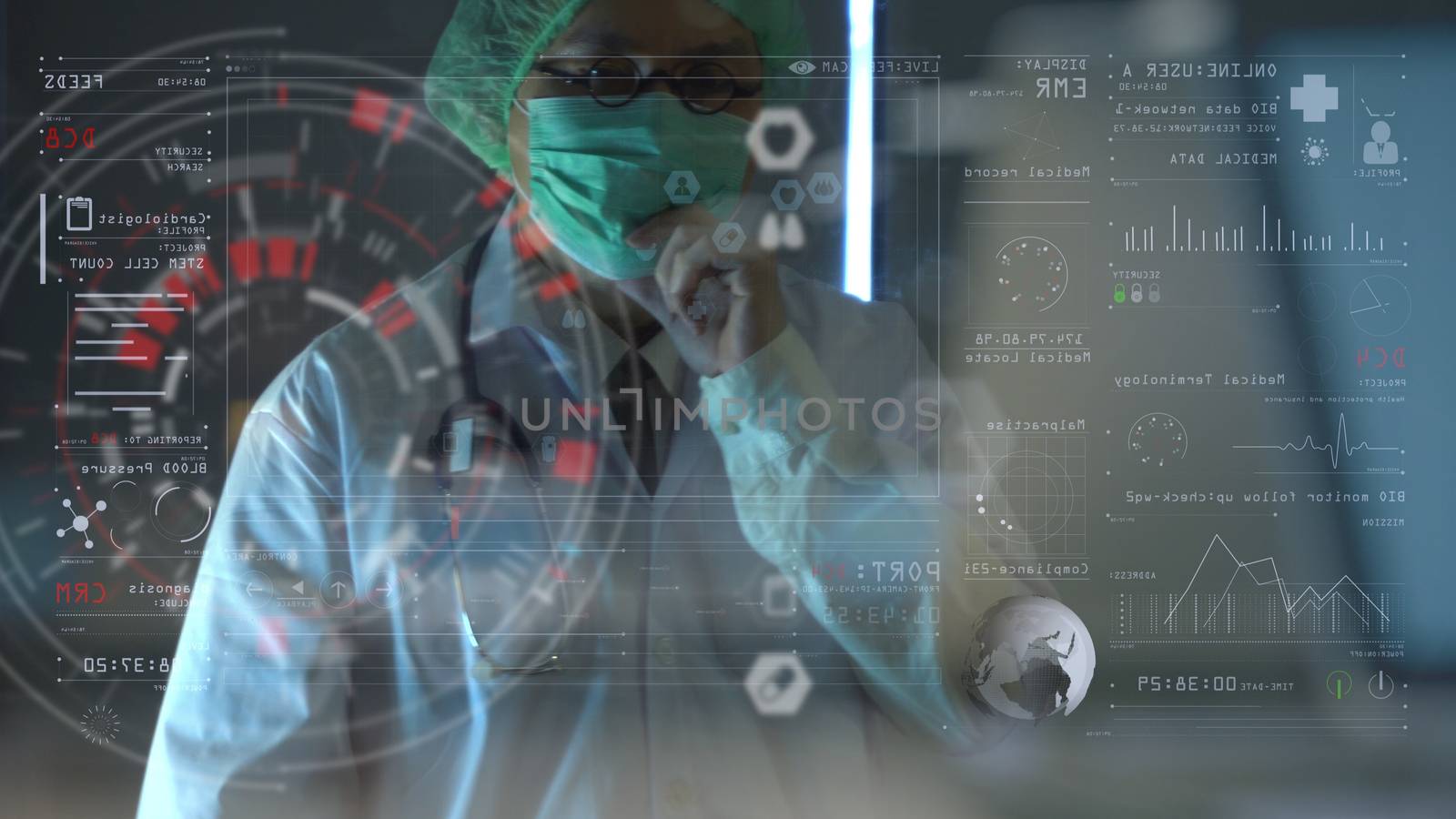 Medical technology concept,smart doctor hand working with modern computer in hospital office with virtual icon diagram